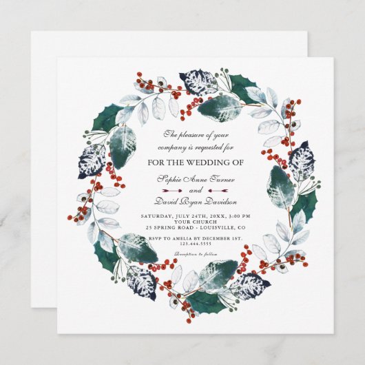 Invitation Whimsical Winter Holy Berries Wreath Mariage (Devant / Derrière)