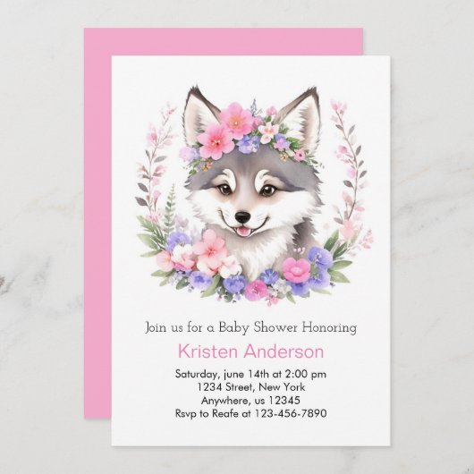Invitation Whimsical Wolf Dreams dévoilé Baby shower fille (Devant / Derrière)