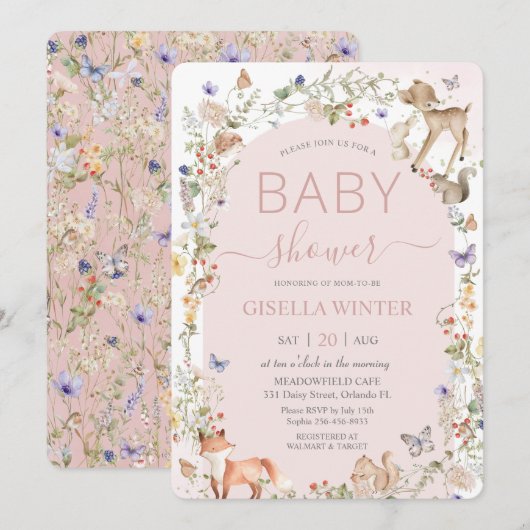 Invitation Whimsical Woodland Animals Wildflower Baby Shower (Devant / Derrière)
