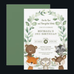 Invitation Whimsical Woodland Forest Friend Green Anniversair<br><div class="desc">Adorable invitation d'anniversaire sur le thème des bois avec des animaux de la forêt douce et élégante couronne de verdure botanique</div>