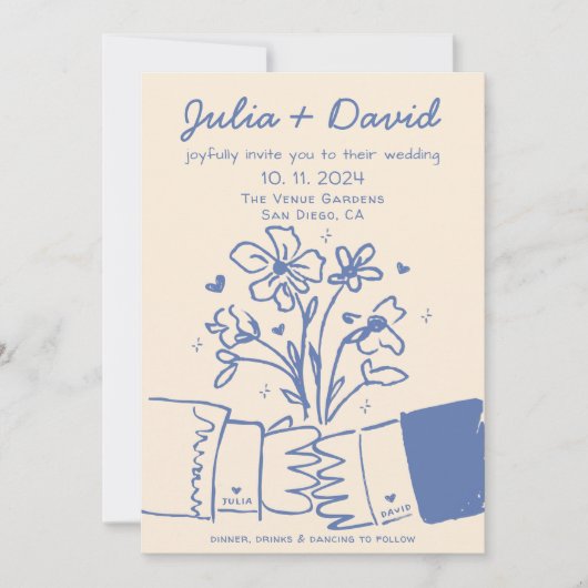 Invitation Whimsky Quirky manuscrit Mariage floral bleu (Devant)