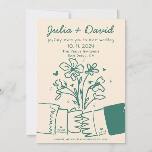 Invitation Whimsky Quirky manuscrit Mariage floral vert (Devant)