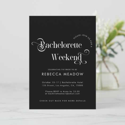 Invitation Whimssar Retro Script Black Bachelorette Party (Debout devant)
