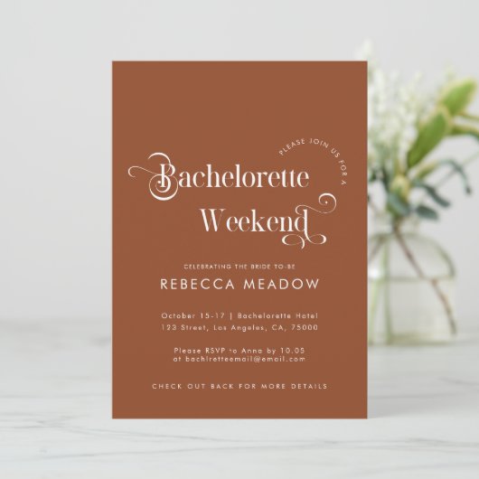 Invitation Whimssar Retro Script Black Bachelorette Party dan (Debout devant)