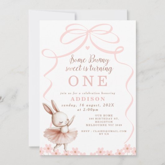 Invitation Whimssical Pink Bow Un Grotte Anniversaire (Devant)