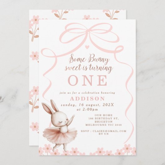 Invitation Whimssical Pink Bow Un Grotte Anniversaire (Devant / Derrière)