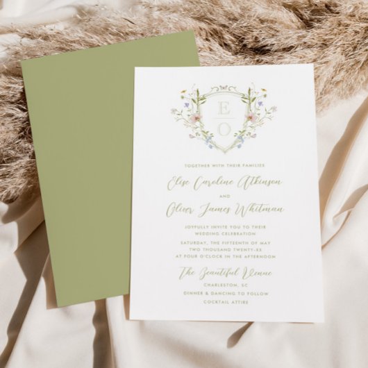 Invitation Whimsstel Fleur sauvage Monogram Crest Mariage
