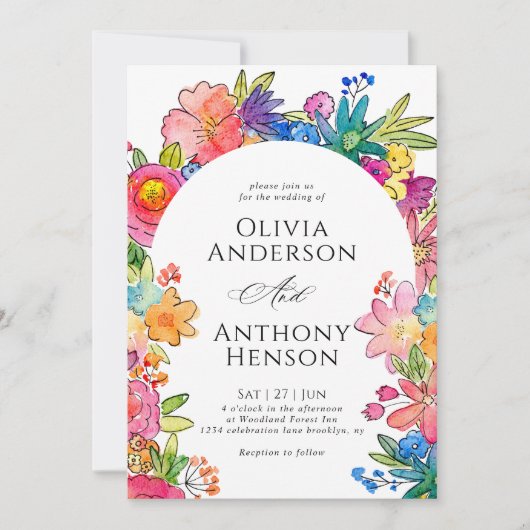Invitation Whimsy Bold Floral Aquarelle QR Code Mariage (Devant)