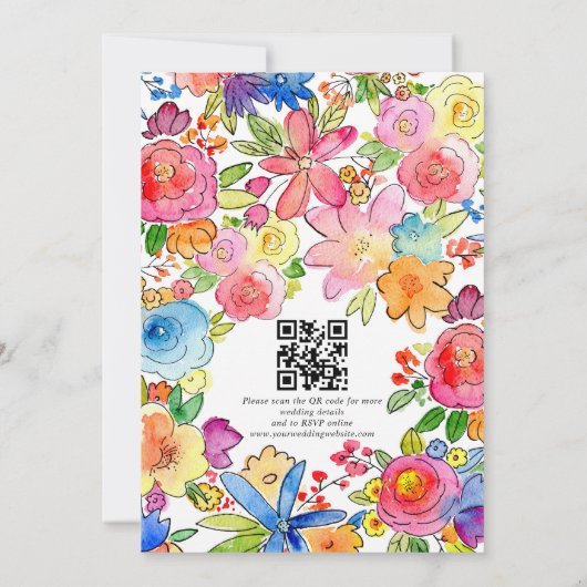 Invitation Whimsy Bold Floral Aquarelle QR Code Mariage (Dos)