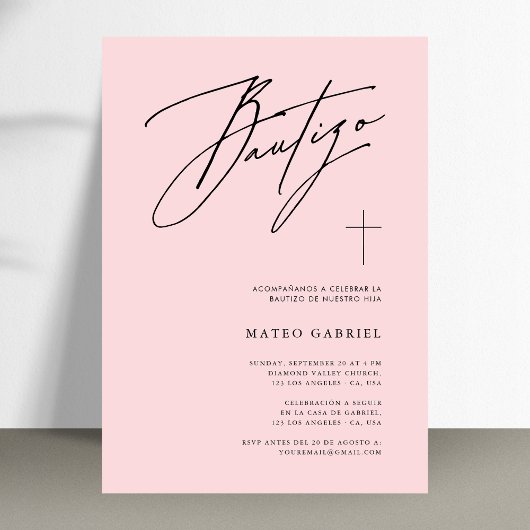 Invitation Whimsy Calligraphie Baptême rose espagnol Bautizo
