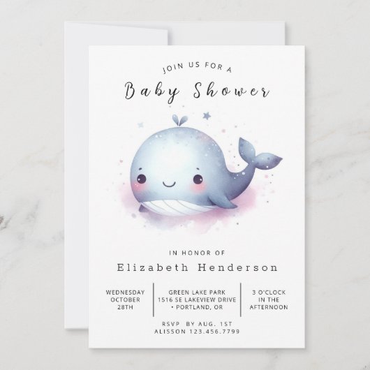 Invitation Whimsy Custom Whale Baby shower (Devant)