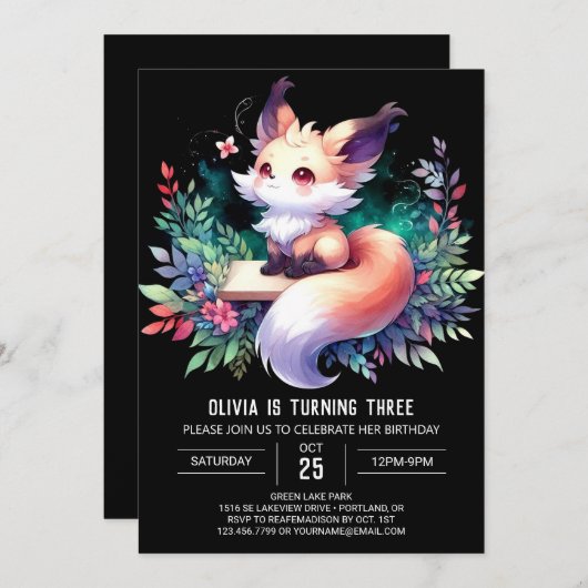 Invitation Whimsy Cute Fox Anniversaire numérique (Devant / Derrière)