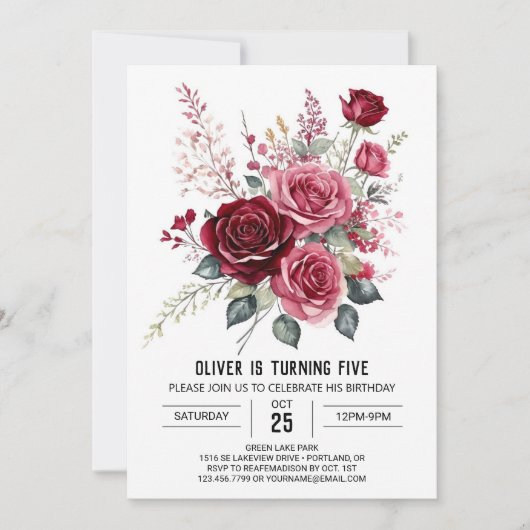 Invitation Whimsy Printable Bourgogne Florale Anniversaire (Devant)