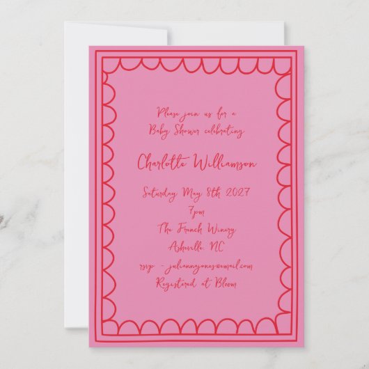 Invitation Whimsy Script rose Doodle rouge Baby shower fronta (Devant)