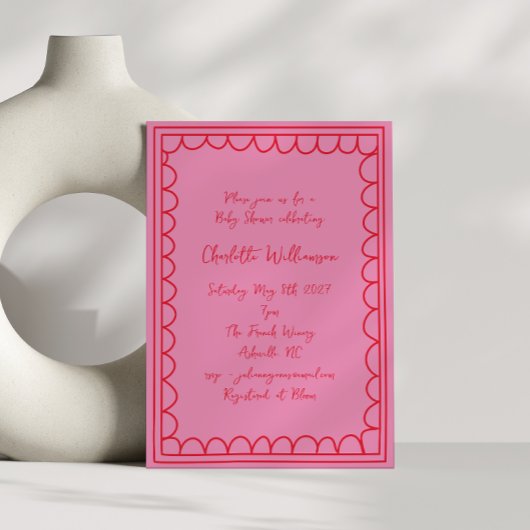 Invitation Whimsy Script rose Doodle rouge Baby shower fronta