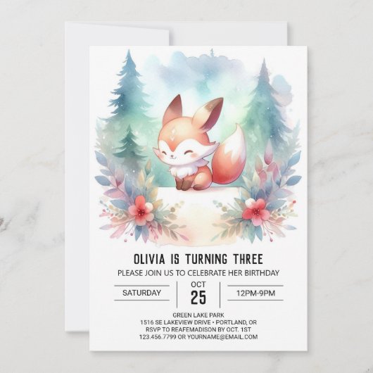 Invitation Whimsy Woodland Fox Anniversaire numérique (Devant)