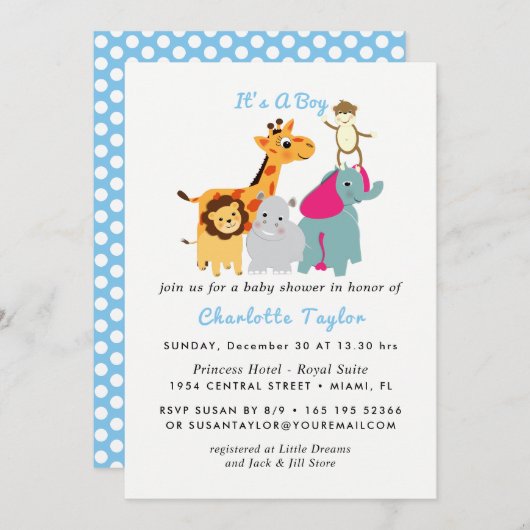 Invitation Whimsy Zoo Animaux mignons garçons Baby shower Inv (Devant / Derrière)