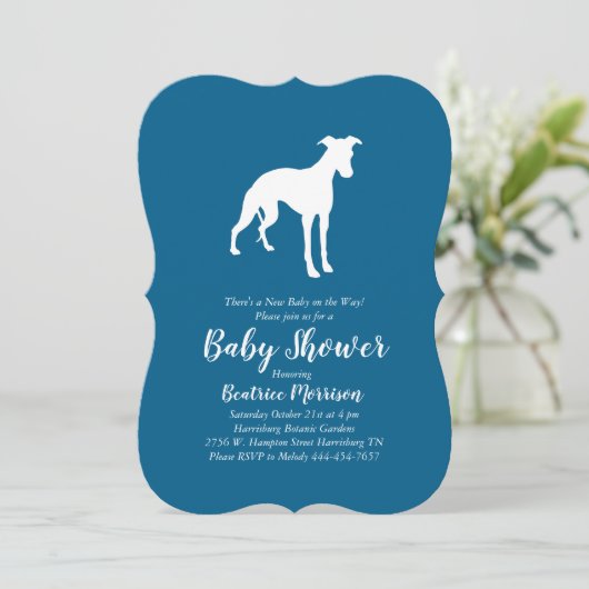 Invitation Whippet Chien Baby shower Garçon bleu (Debout devant)
