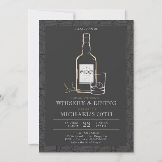 Invitation Whiskey Dining Black Blanc moderne 50e anniversair (Devant)