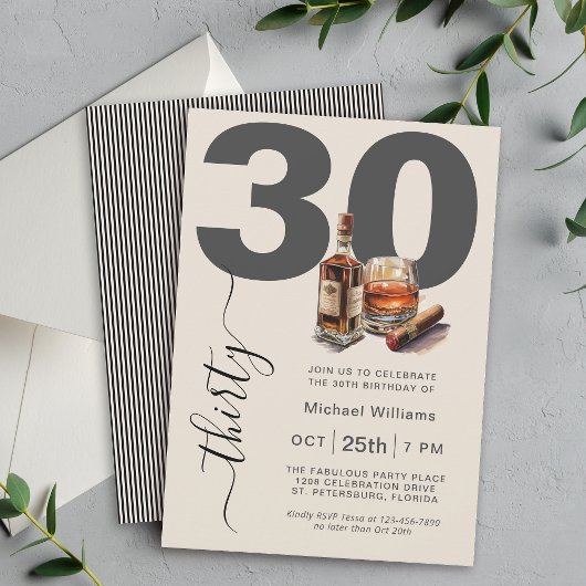 Invitation Whiskey et Cigars Masculine 30e fête d'anniversair