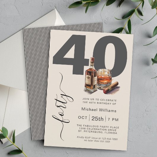 Invitation Whiskey et Cigars Masculine 40e fête d'anniversair