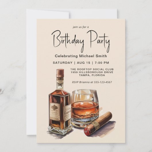 Invitation Whiskey et Cigars Masculine fête d'anniversaire (Devant)