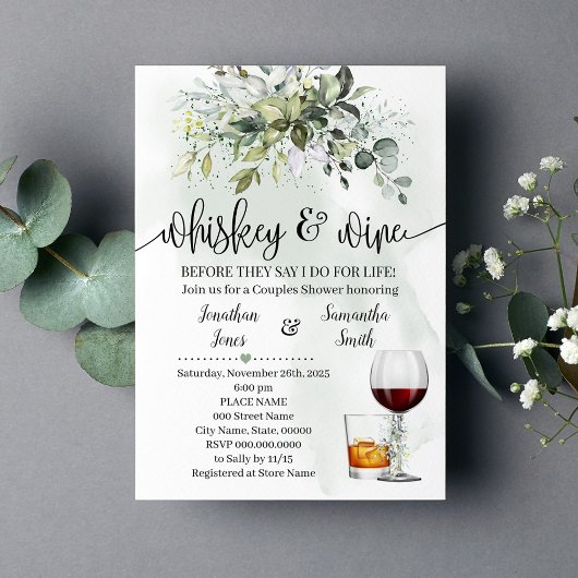 Invitation Whiskey et vins couples douche Eucalyptus