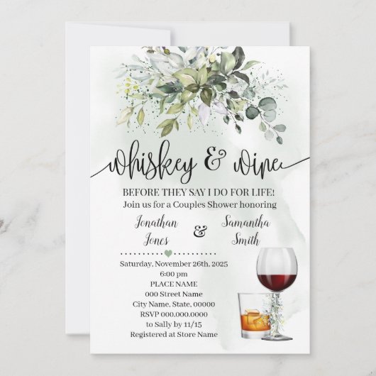 Invitation Whiskey et vins couples douche Eucalyptus (Devant)