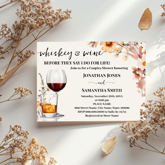 Invitation Whiskey & Wine Couples Douche Automne Fleurs sauva