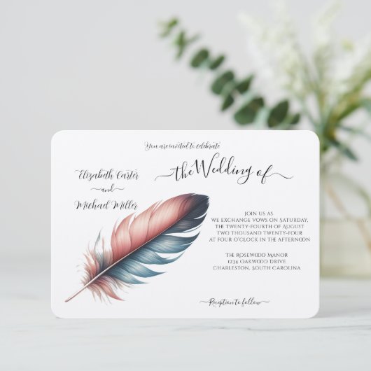 Invitation Whispers of Grace Feathered Élégance Minimalisme (Debout devant)