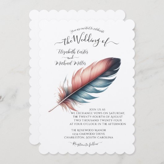 Invitation Whispers of Grace Feathered Élégance Minimalisme (Devant / Derrière)