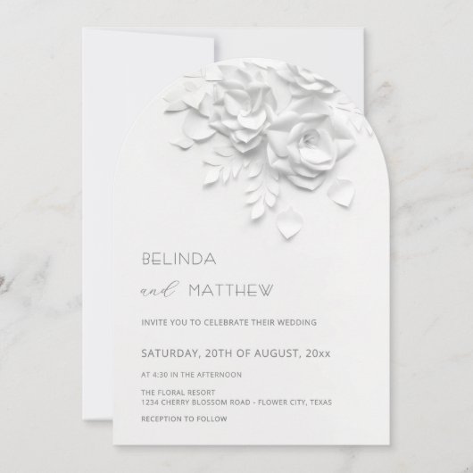 Invitation White 3D Flowers Roses Minimalist Wedding (Devant)