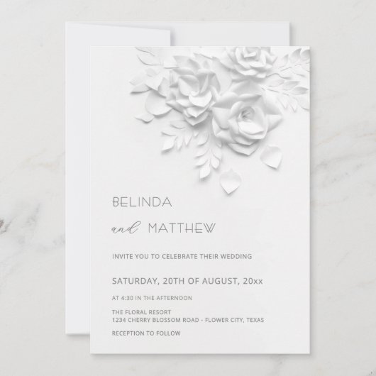 Invitation White 3D Flowers Roses Minimalist Wedding Invitati (Devant)