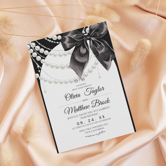 Invitation White and Black Bow Pearls Modern Elegant Wedding