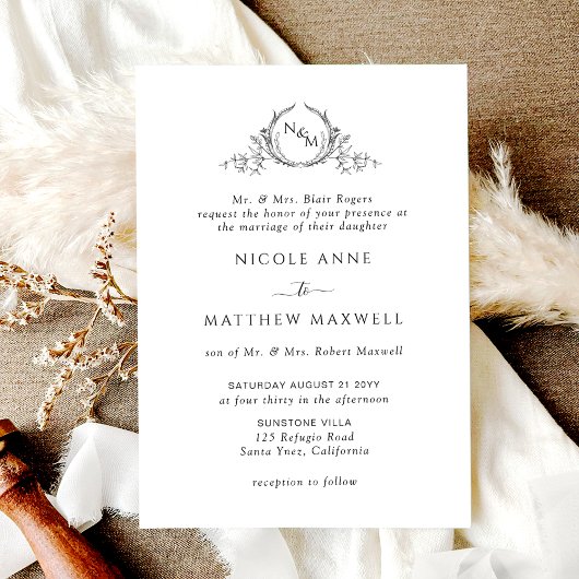 Invitation White and Black, Formal Elegant Monogram Wedding