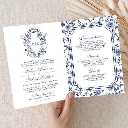 Invitation White and Blue Chinoiserie Crest QR Code Wedding