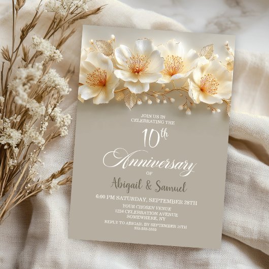 Invitation White and Gold Floral 10th Wedding Anniversary