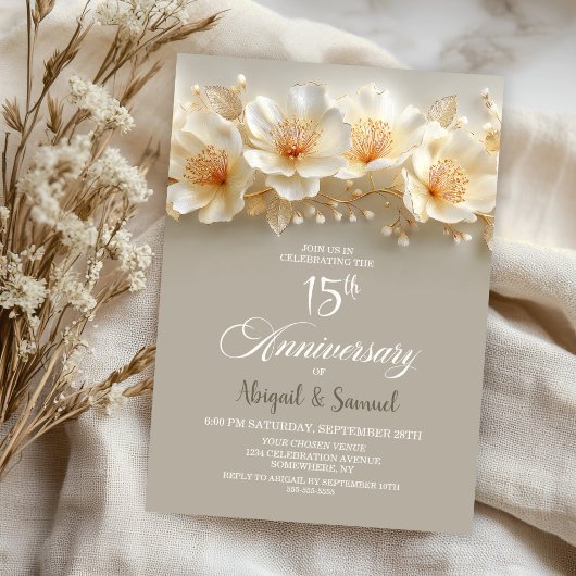 Invitation White and Gold Floral 15th Wedding Anniversary