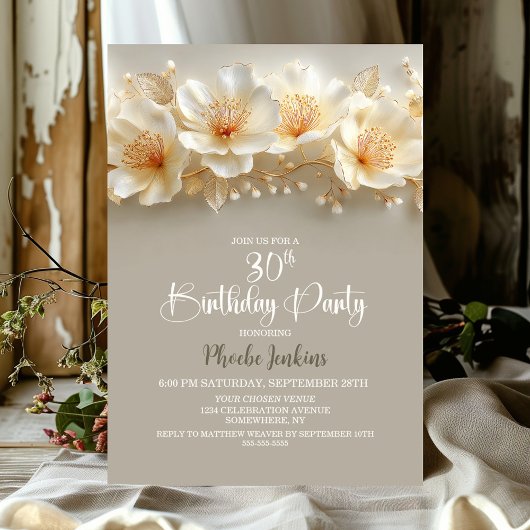 Invitation White and Gold Floral 30th Birthday Party