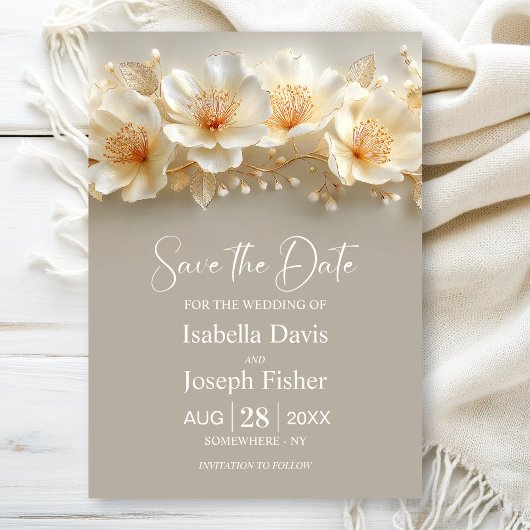 Invitation White and Gold Floral Wedding Save the Date