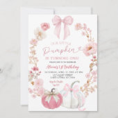 Invitation White and Pink Bow Coquette Pumpkin 1st Birthday (Devant)