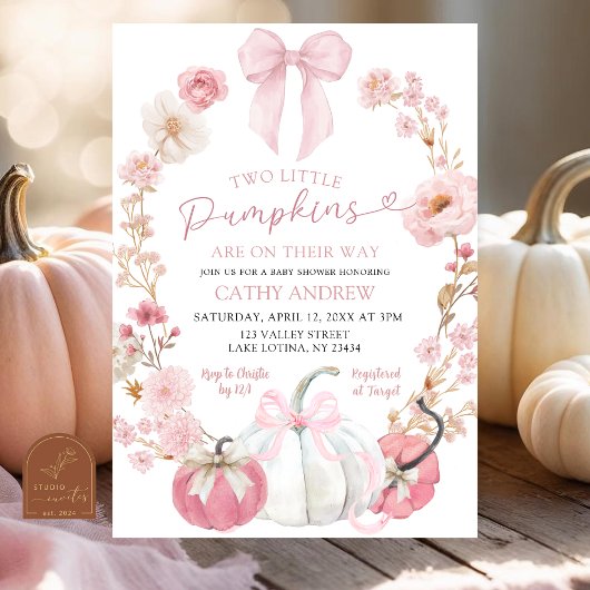 Invitation  White and Pink Bow Coquette Twins Pumpkin Floral 