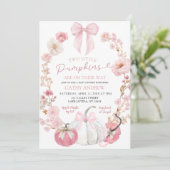 Invitation  White and Pink Bow Coquette Twins Pumpkin Floral  (Debout devant)