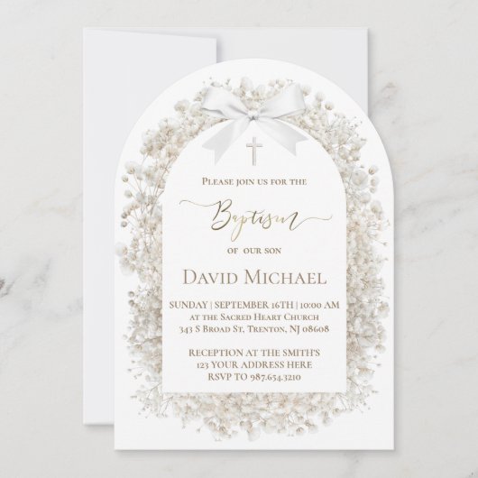 Invitation  white baby's breath flowers Baptism (Devant)