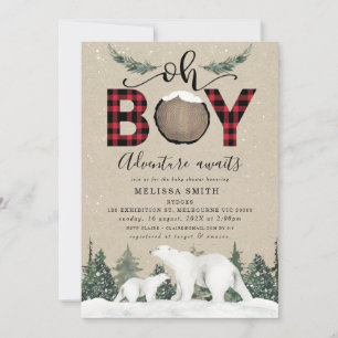 Invitation White Bear Oh Boy Flannel Lumberjack Baby shower