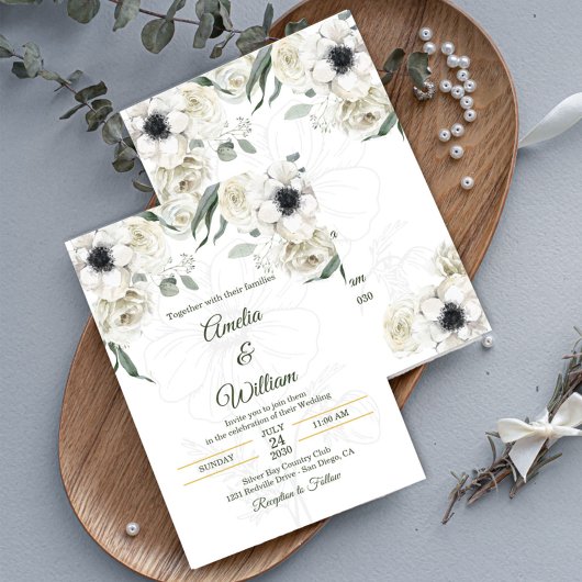 Invitation White Black Green Elegant Anemone Wedding