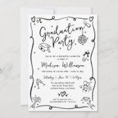 Invitation White Black Hand Drawn Doodle Photo Graduate Party (Devant)
