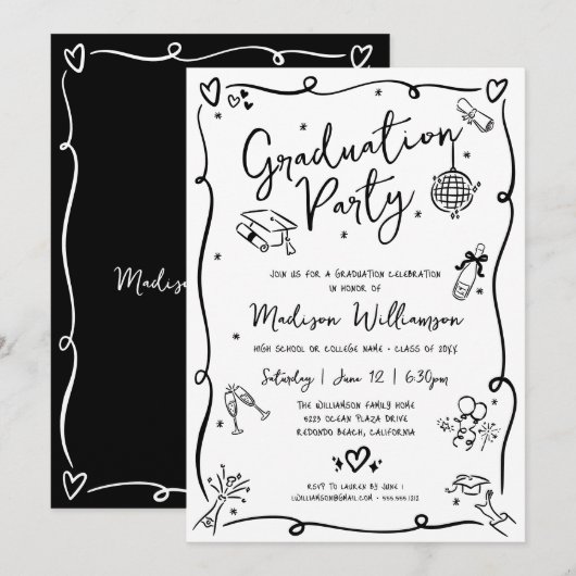 Invitation White Black Hand Drawn Doodles Graduation Party (Devant / Derrière)
