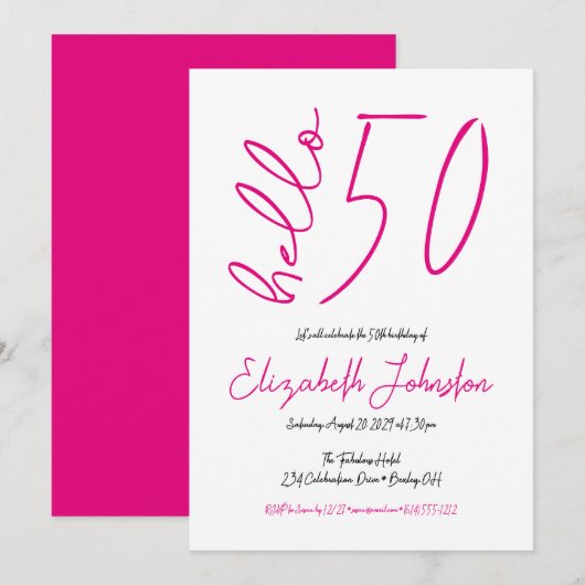 Invitation White Black Hot Pink Hello 50 Fabulous Birthday (Devant / Derrière)