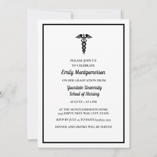 Invitation White Black Nursing School Graduation Party (Devant)